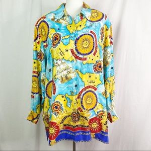 Nautical Map & Sun Vintage Long Sleeve Button Up Tunic Shirt 2X